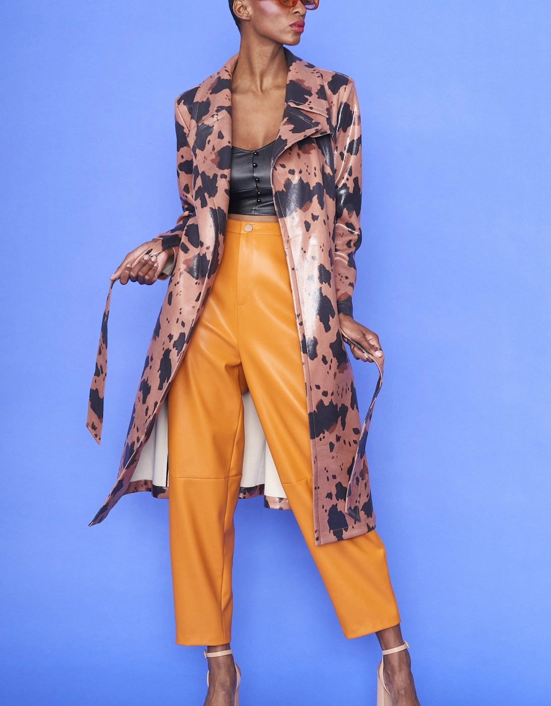Cow Print Eco Leather Trench Coat with Orange Faux Fur Collar, 5 of 4