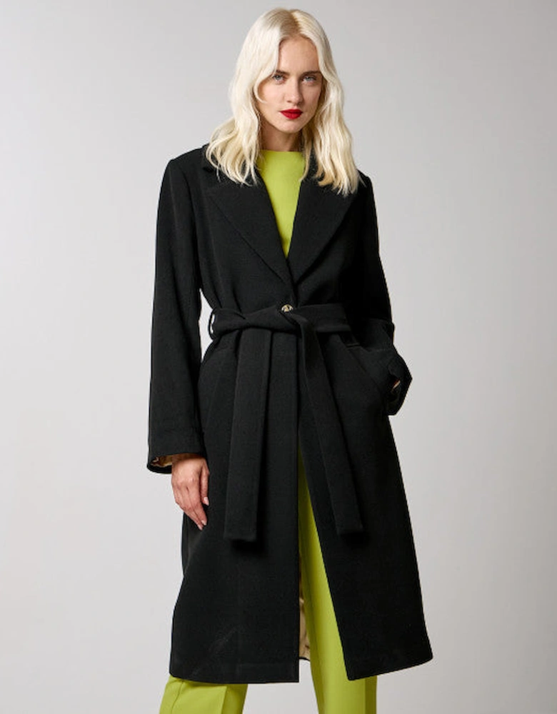 Black coat with monogram button and belt