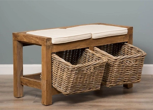 Sustainable Reclaimed Teak Hall Seat With Natural Cushion Two Basket