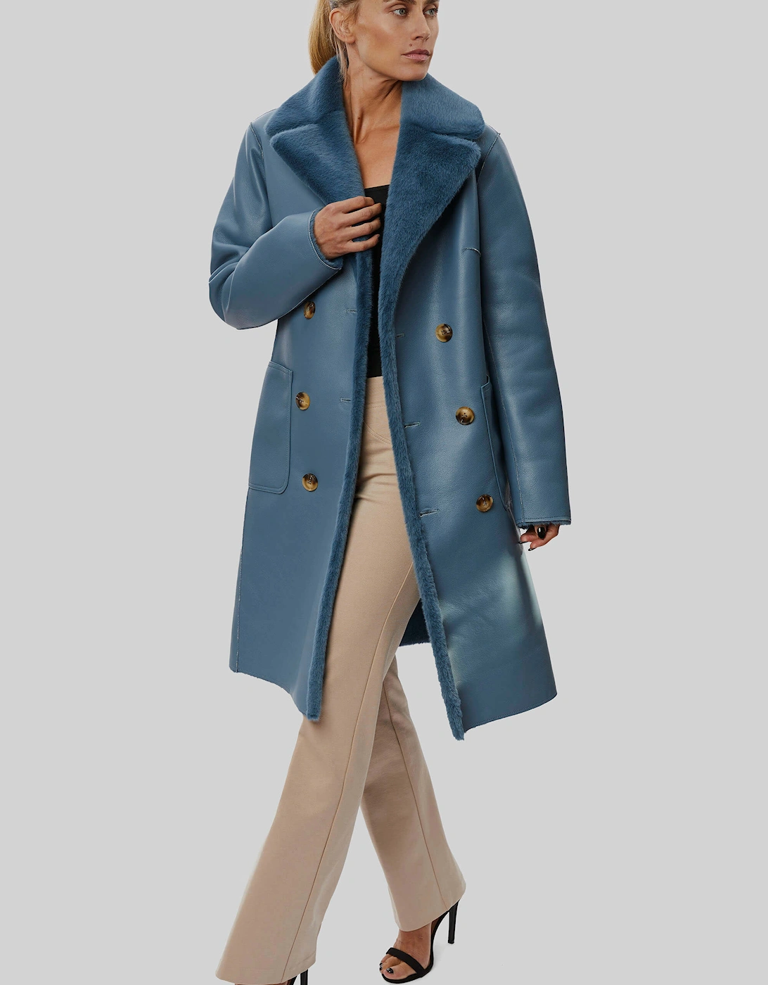 Reversible Faux Leather Coat Blue, 7 of 6