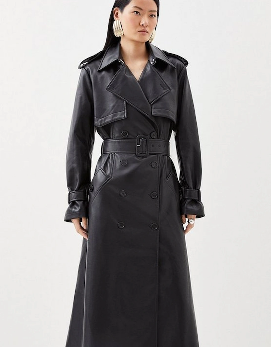 Tailored Faux Leather Belted Trench Coat