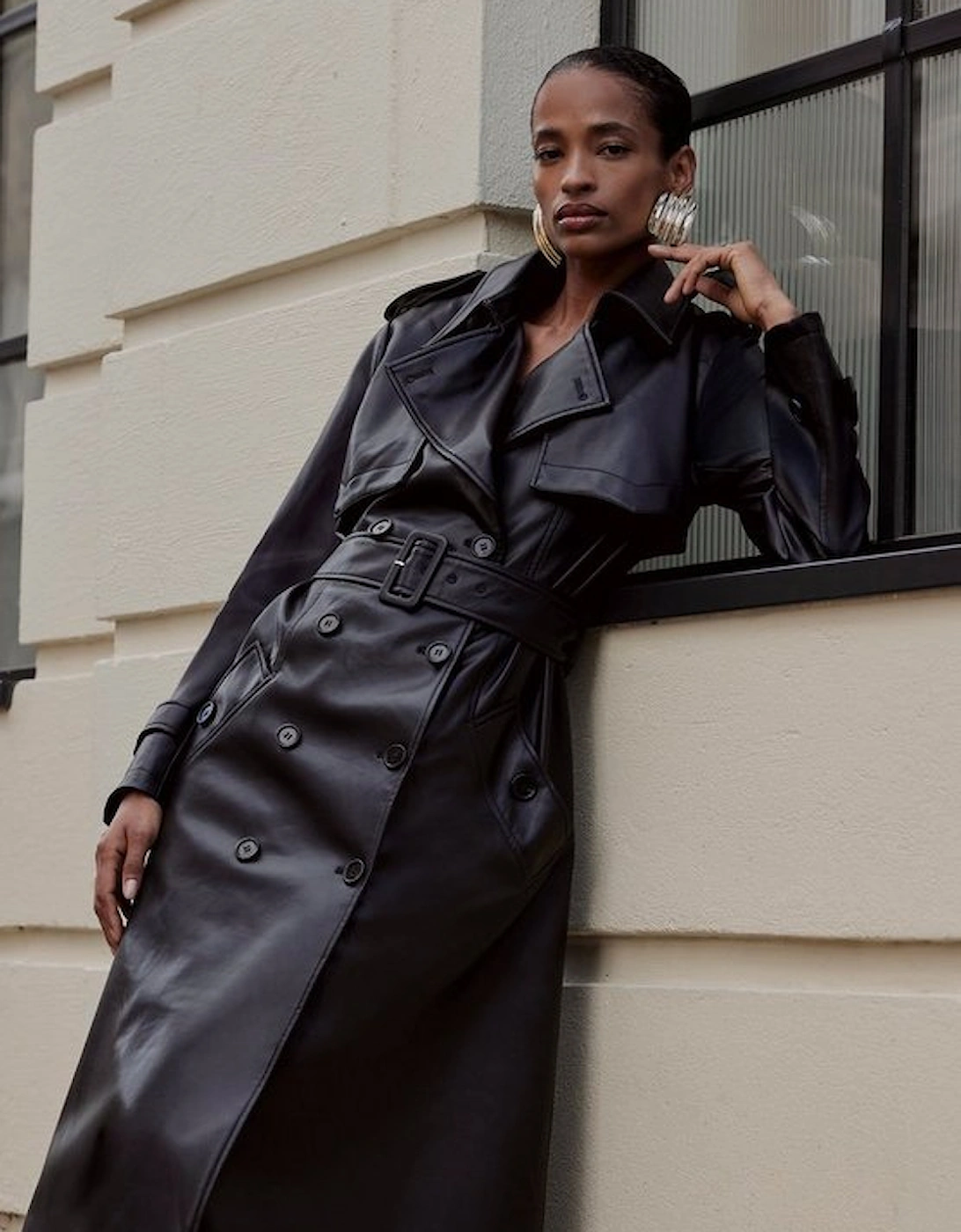 Tailored Faux Leather Belted Trench Coat, 5 of 4