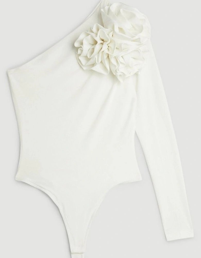 One Shoulder Drapey Ruched Jersey Rosette Bodysuit