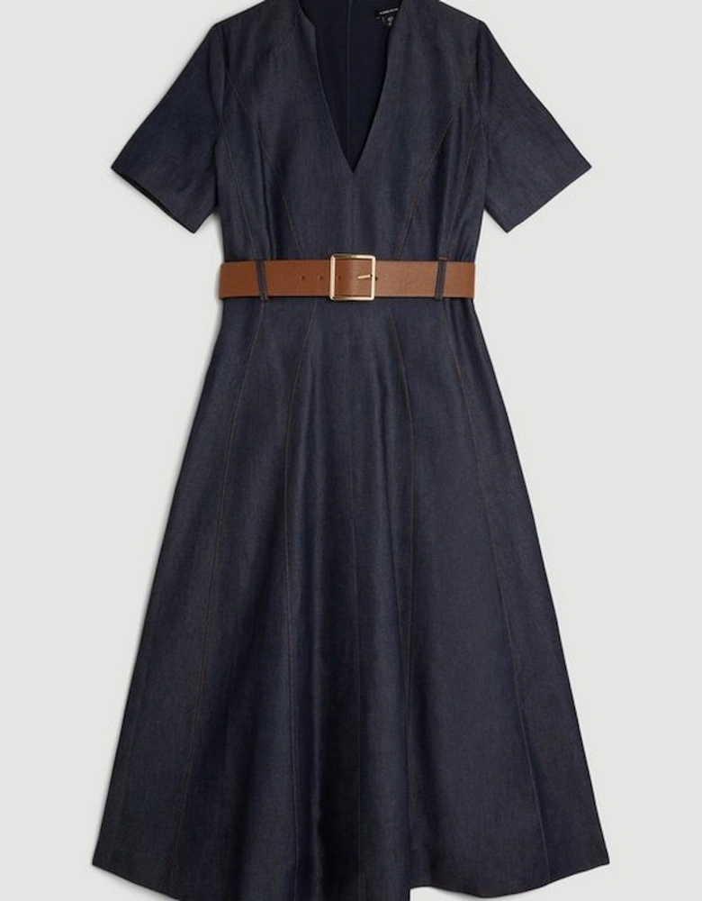 Tailored Denim Short Sleeve Full Skirt Midi Dress