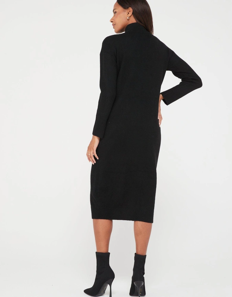 Knitted Quarter Zip Dress - Black