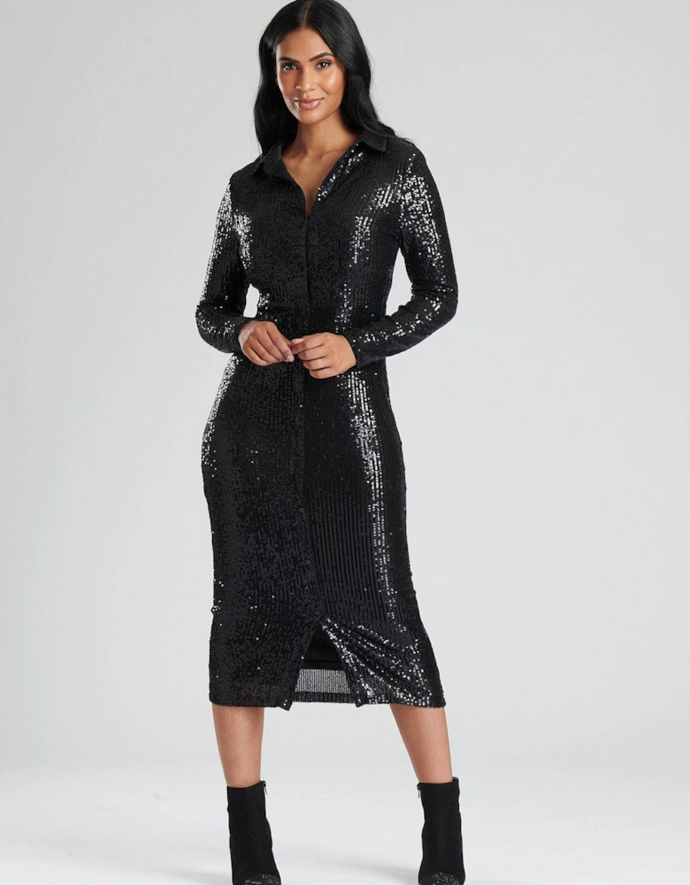 Black Sequin Midi Shirt Dress