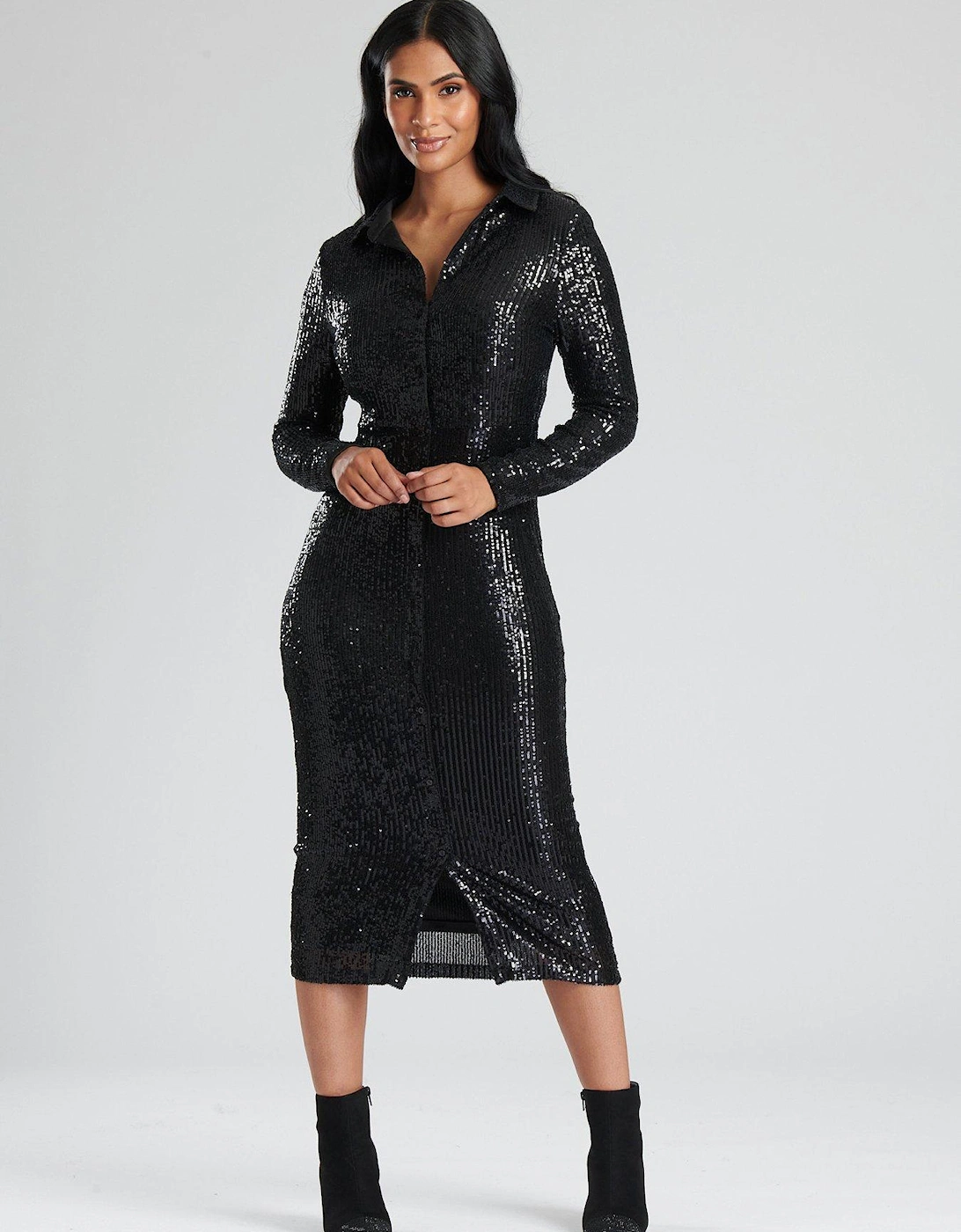 Black Sequin Midi Shirt Dress, 6 of 5