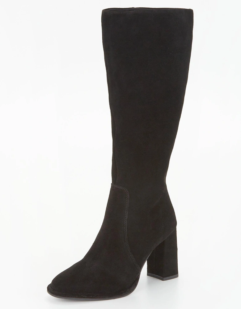 Real Suede Block Heel Knee Boot - Black