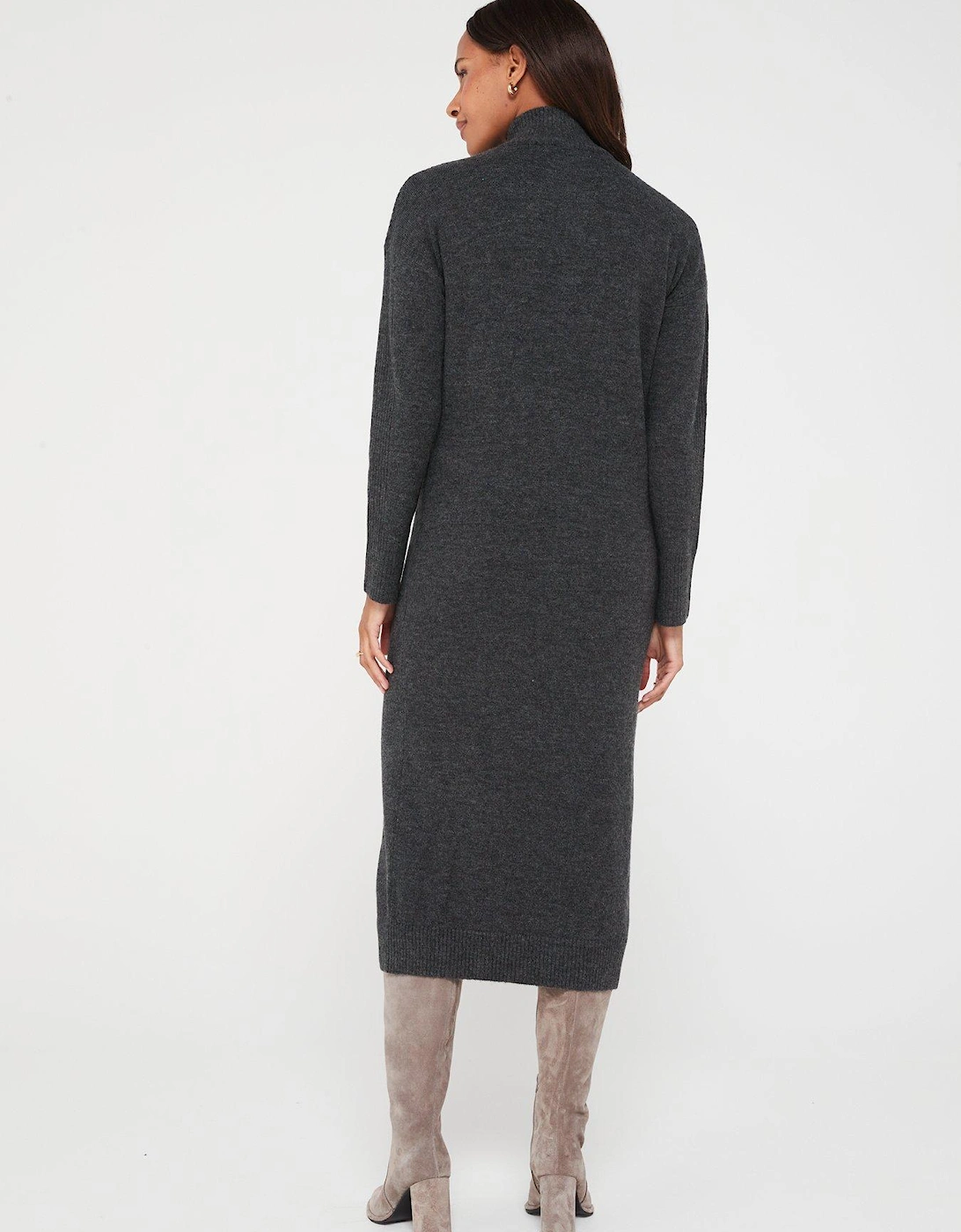 Knitted Quarter Zip Dress - Dark Grey