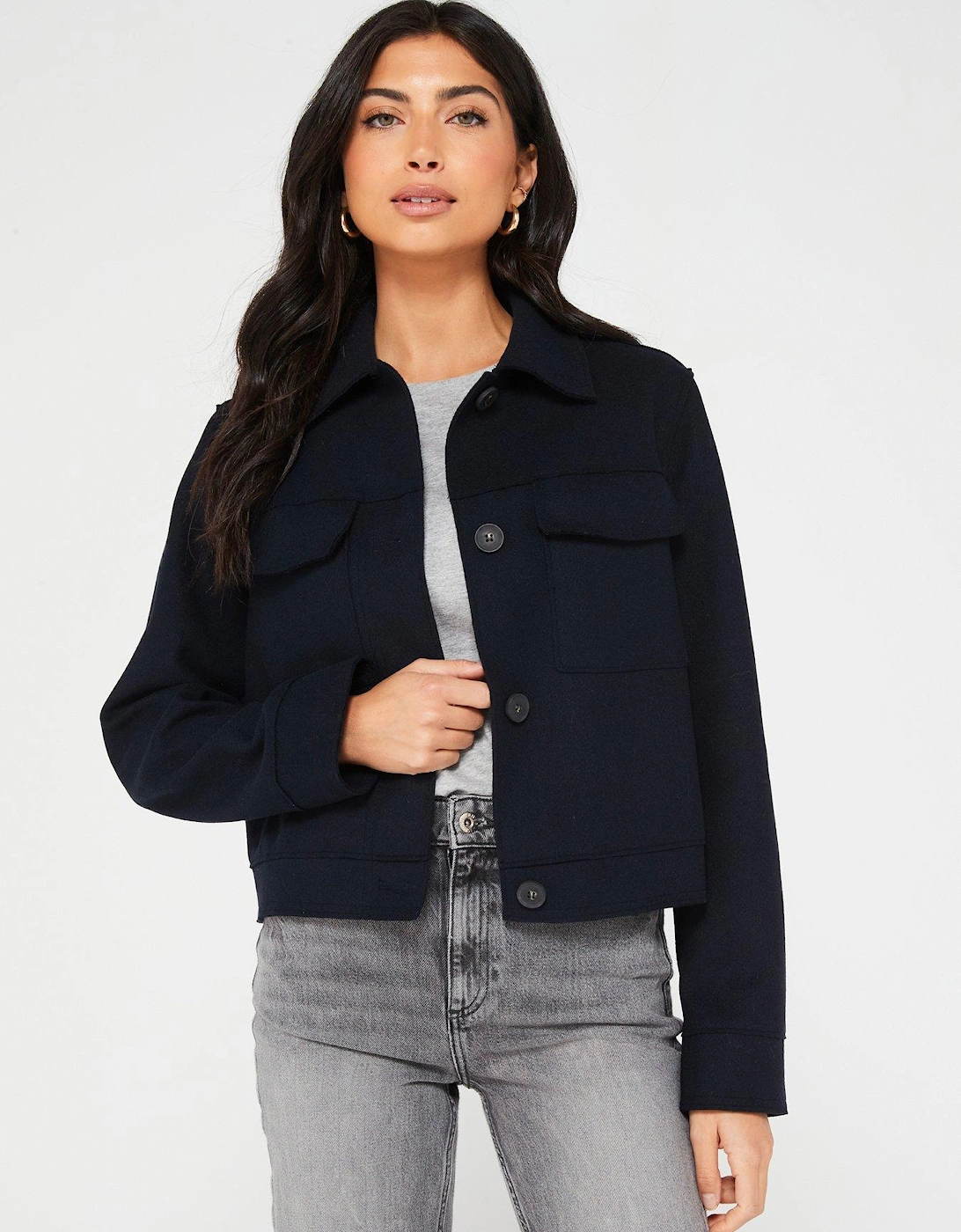 Wool Look Cropped Jacket - Navy, 4 of 3