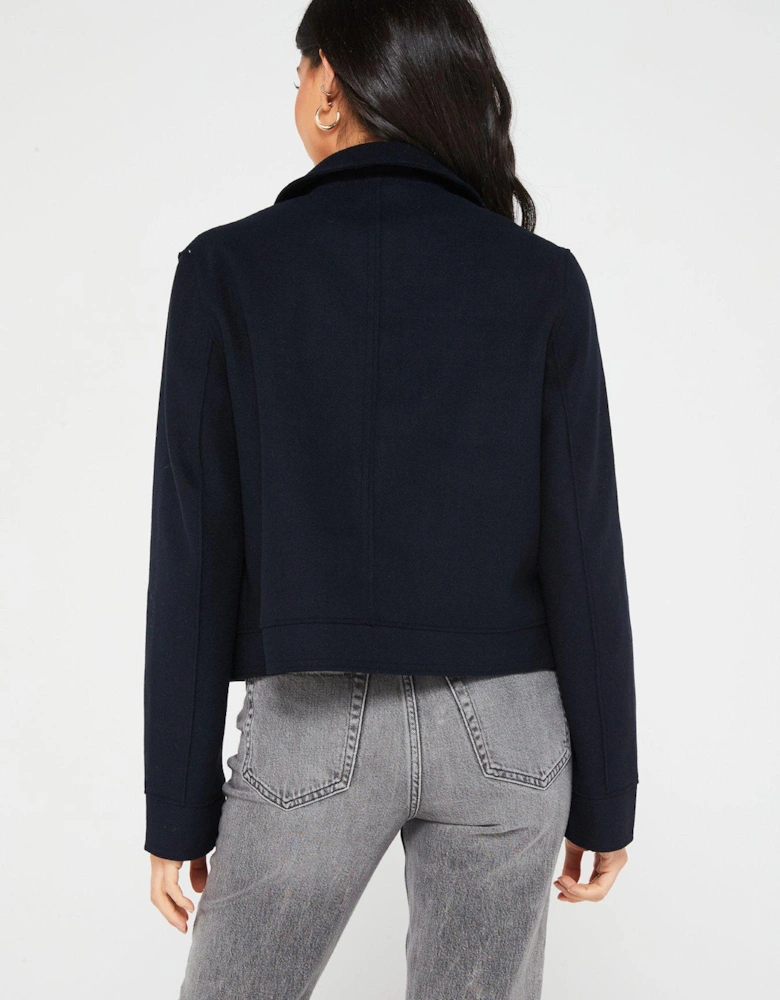 Wool Look Cropped Jacket - Navy