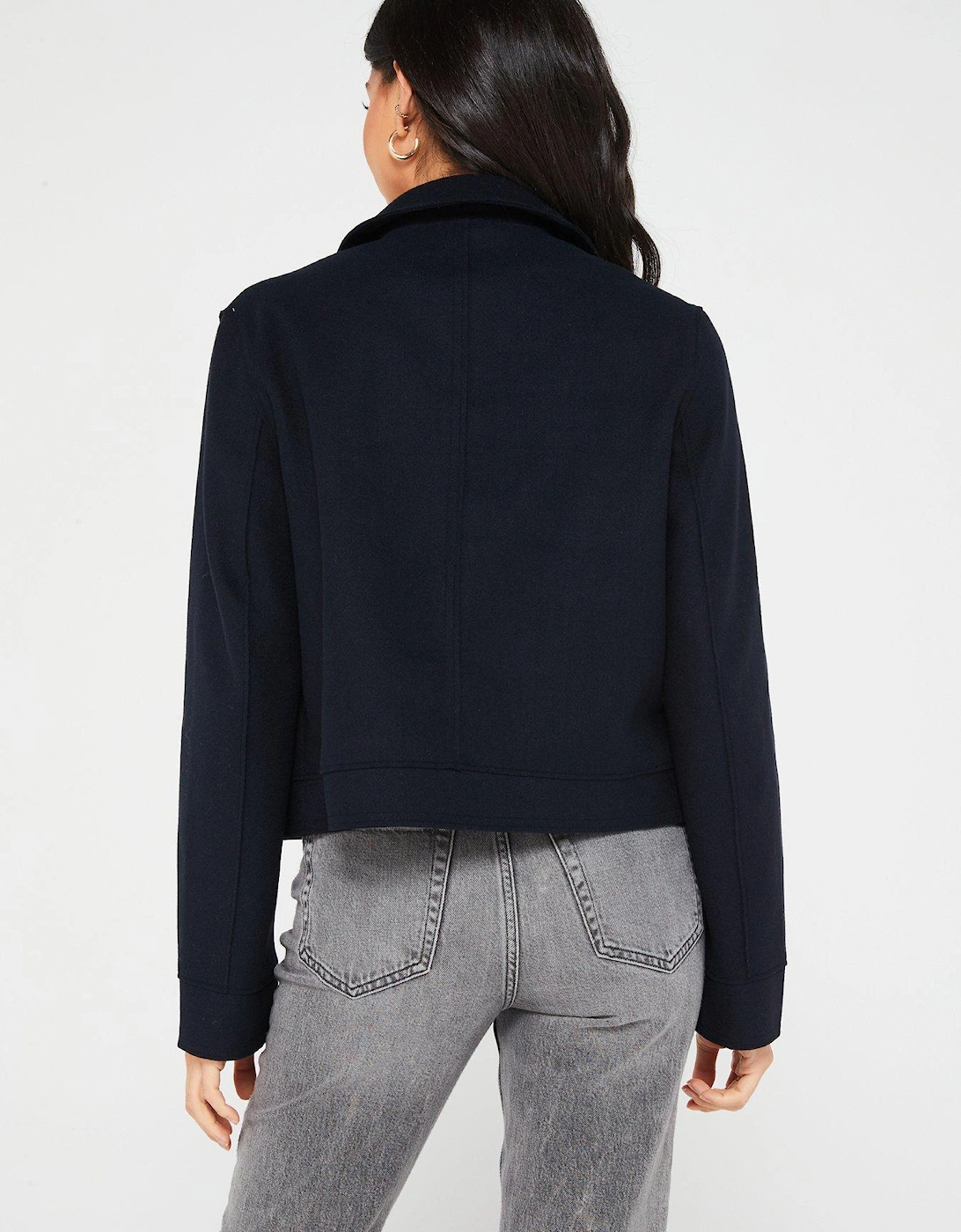 Wool Look Cropped Jacket - Navy