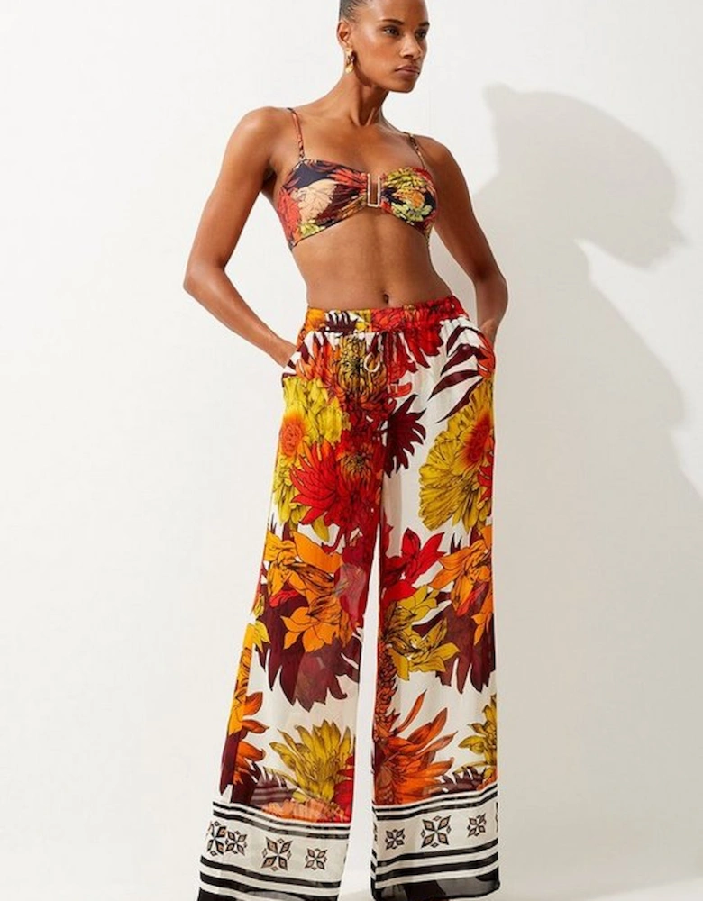 Viscose Georgette Border Print Beach Wide Leg Trousers