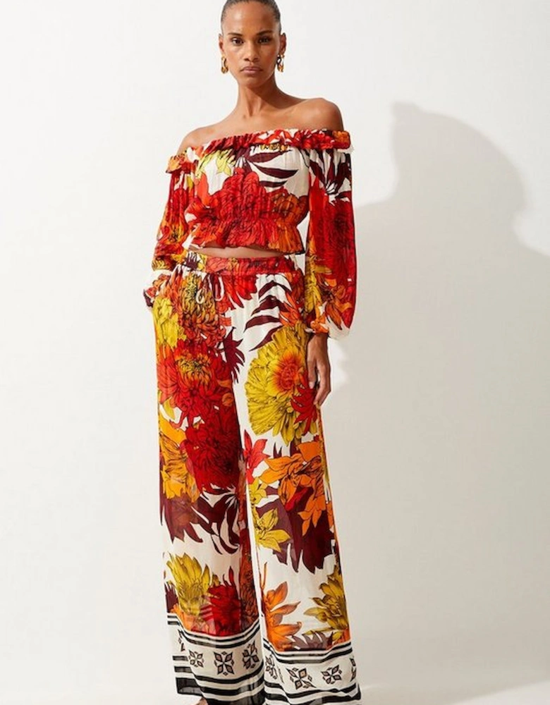 Viscose Georgette Border Print Beach Wide Leg Trousers