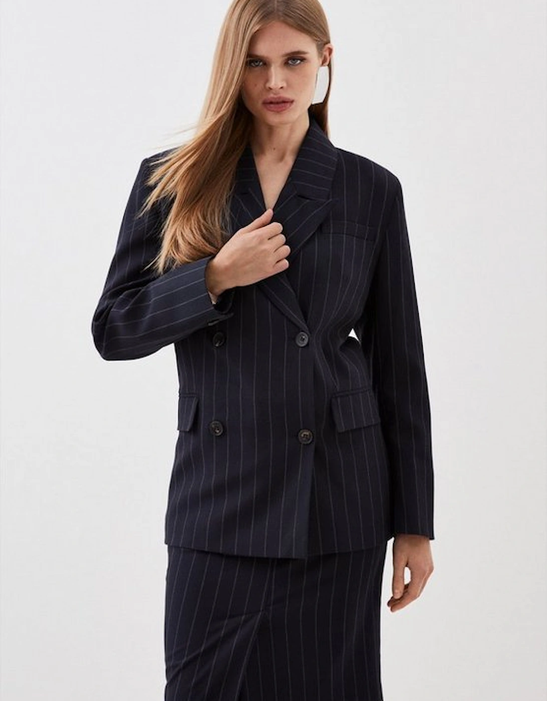 Tailored Strong Shoulder Striped Double Breasted Blazer