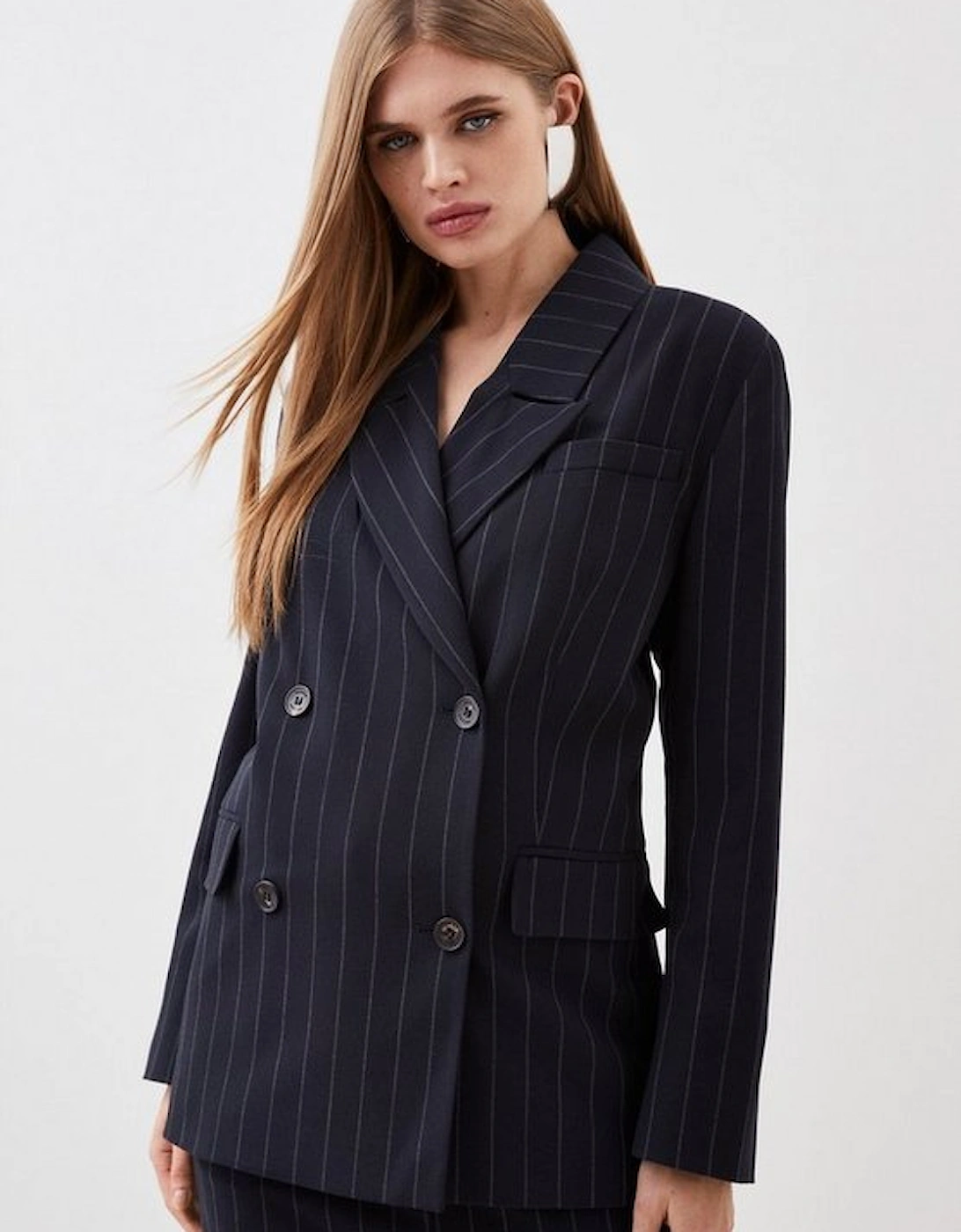 Tailored Strong Shoulder Striped Double Breasted Blazer
