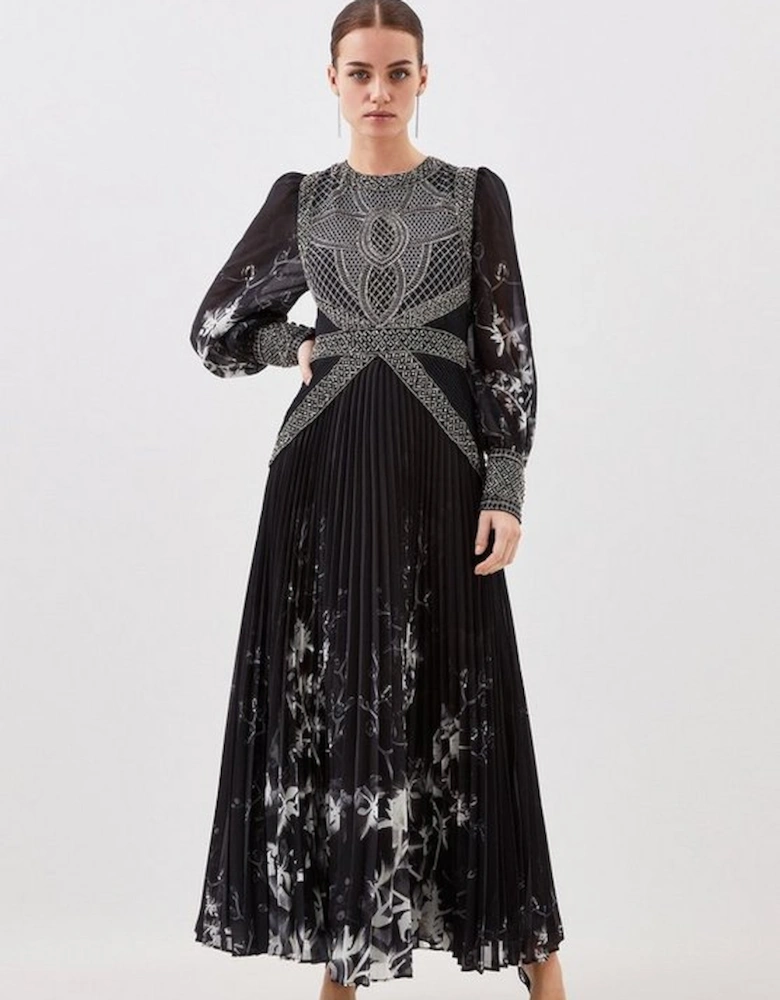 Petite Embellished Long Sleeve Pleated Woven Midi Dress