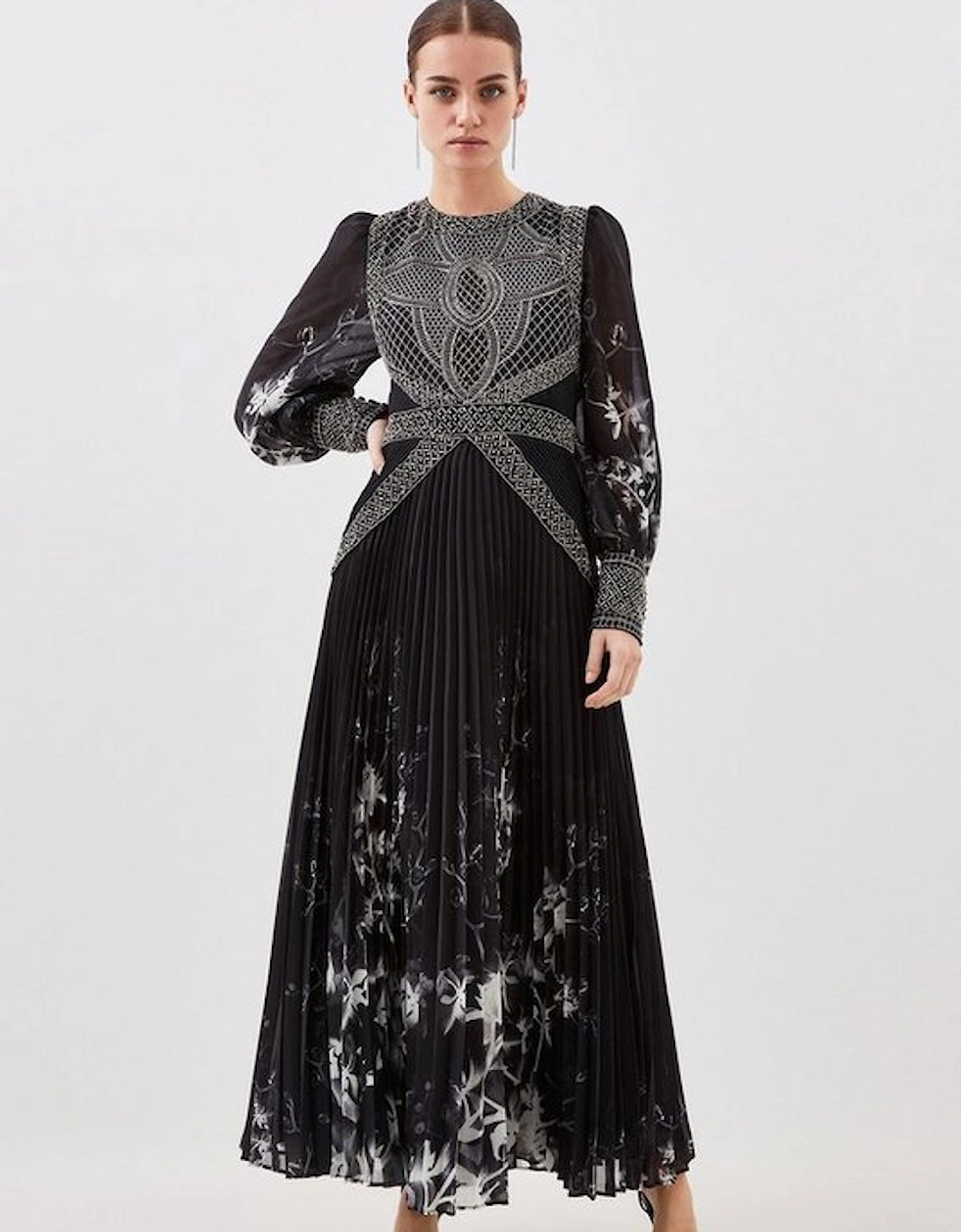 Petite Embellished Long Sleeve Pleated Woven Midi Dress, 5 of 4