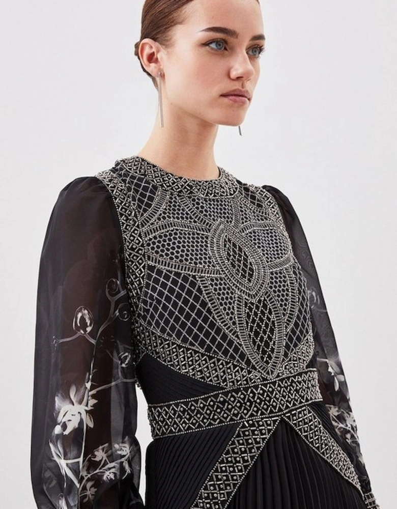 Petite Embellished Long Sleeve Pleated Woven Midi Dress