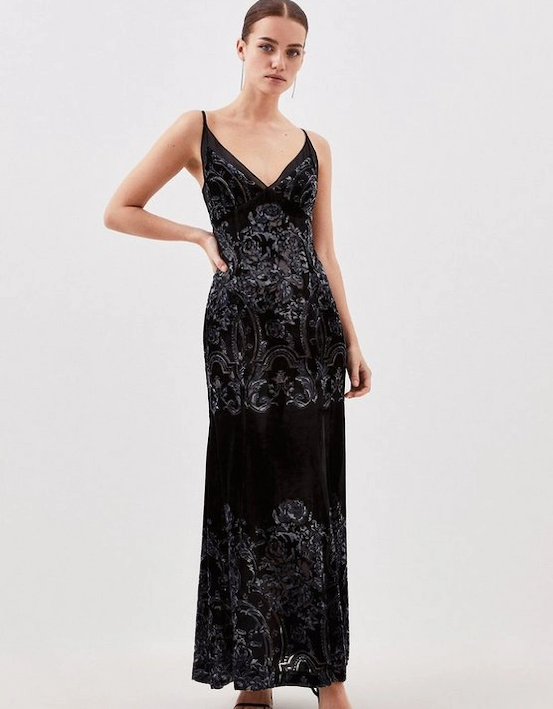 Petite Placed Velvet Devore Strappy Woven Maxi Dress, 5 of 4