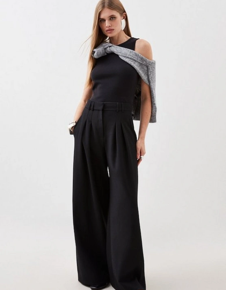 Compact Stretch Tailored Pleated Straight Leg Trousers