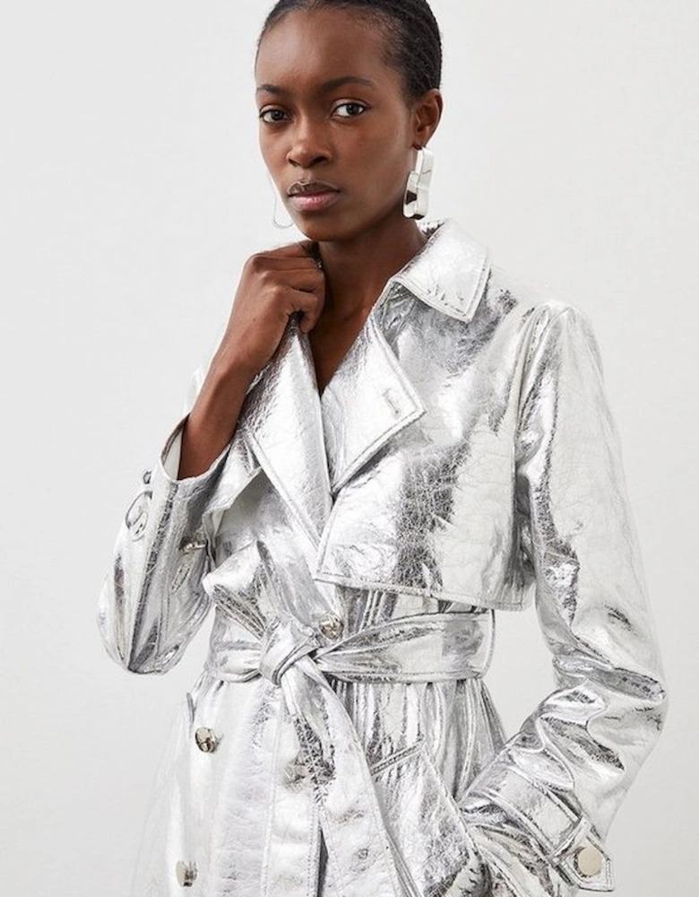 Metallic Faux Leather Belted Trench Coat