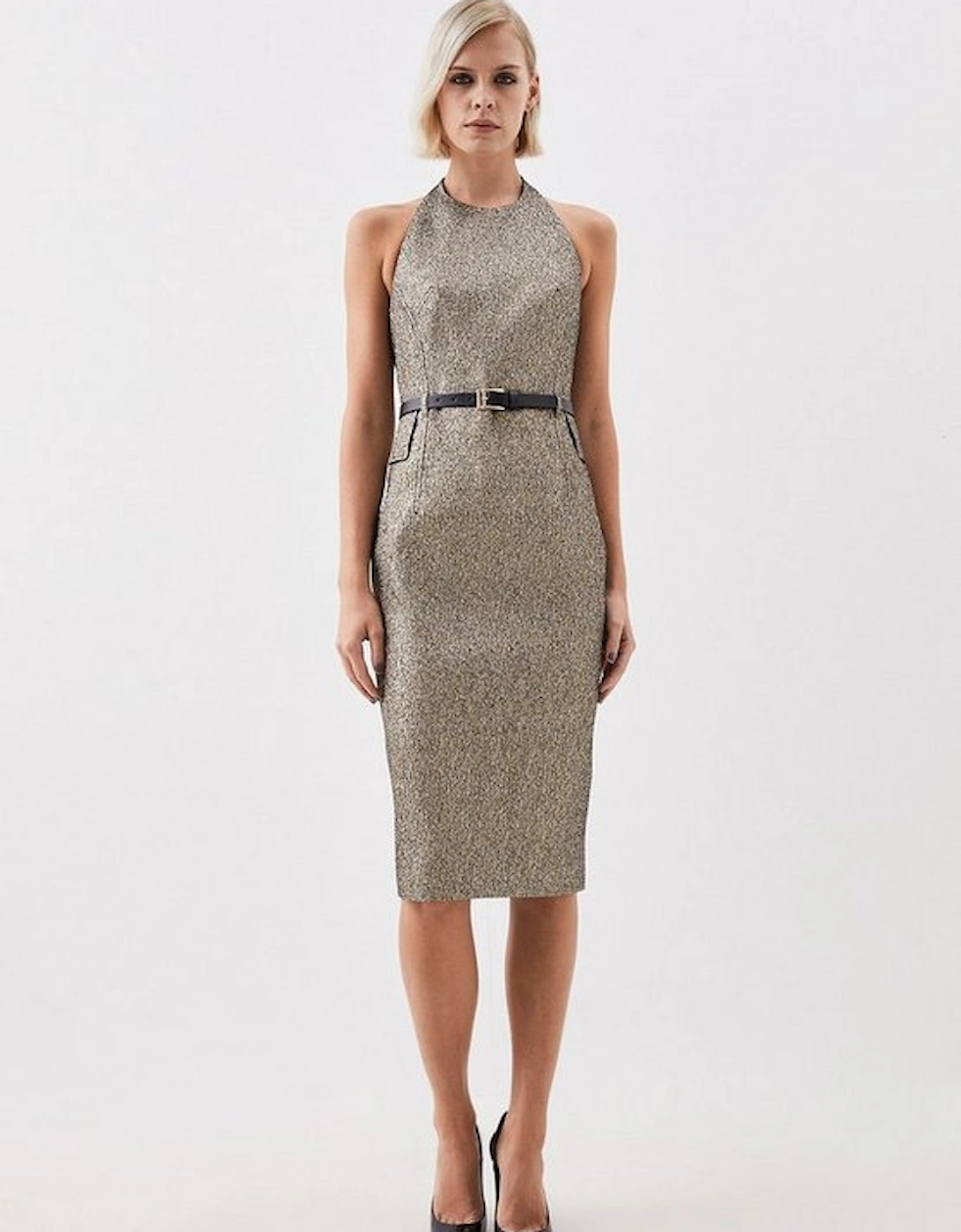 The Founder Tailored Metallic Jacquard Halter Neck Belted Midi Dress, 5 of 4