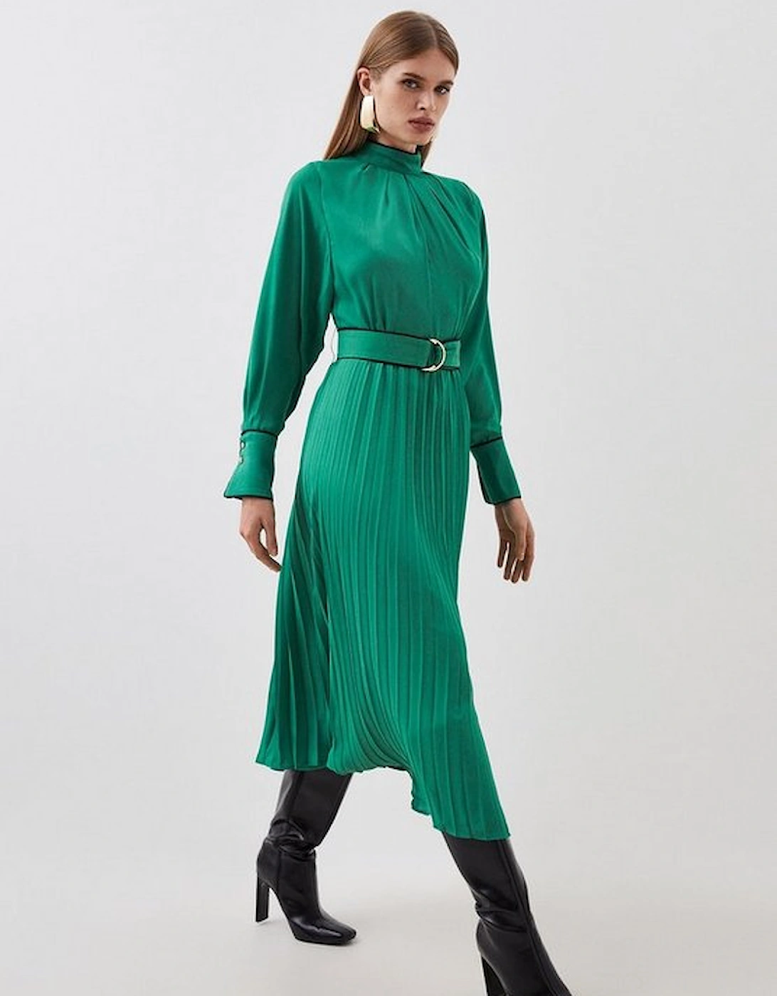Piping Detail Georgette Pleated Woven Midi Dress, 6 of 5