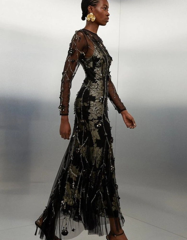 Floral Applique Metallic Viscose Georgette Woven Maxi Dress