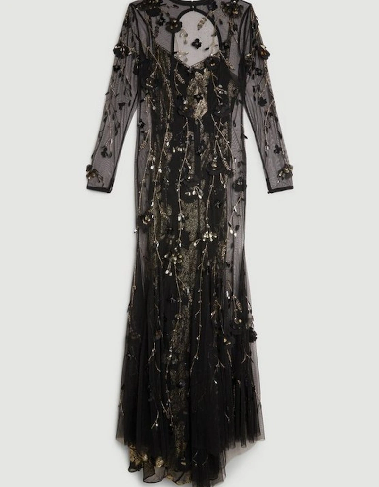 Floral Applique Metallic Viscose Georgette Woven Maxi Dress