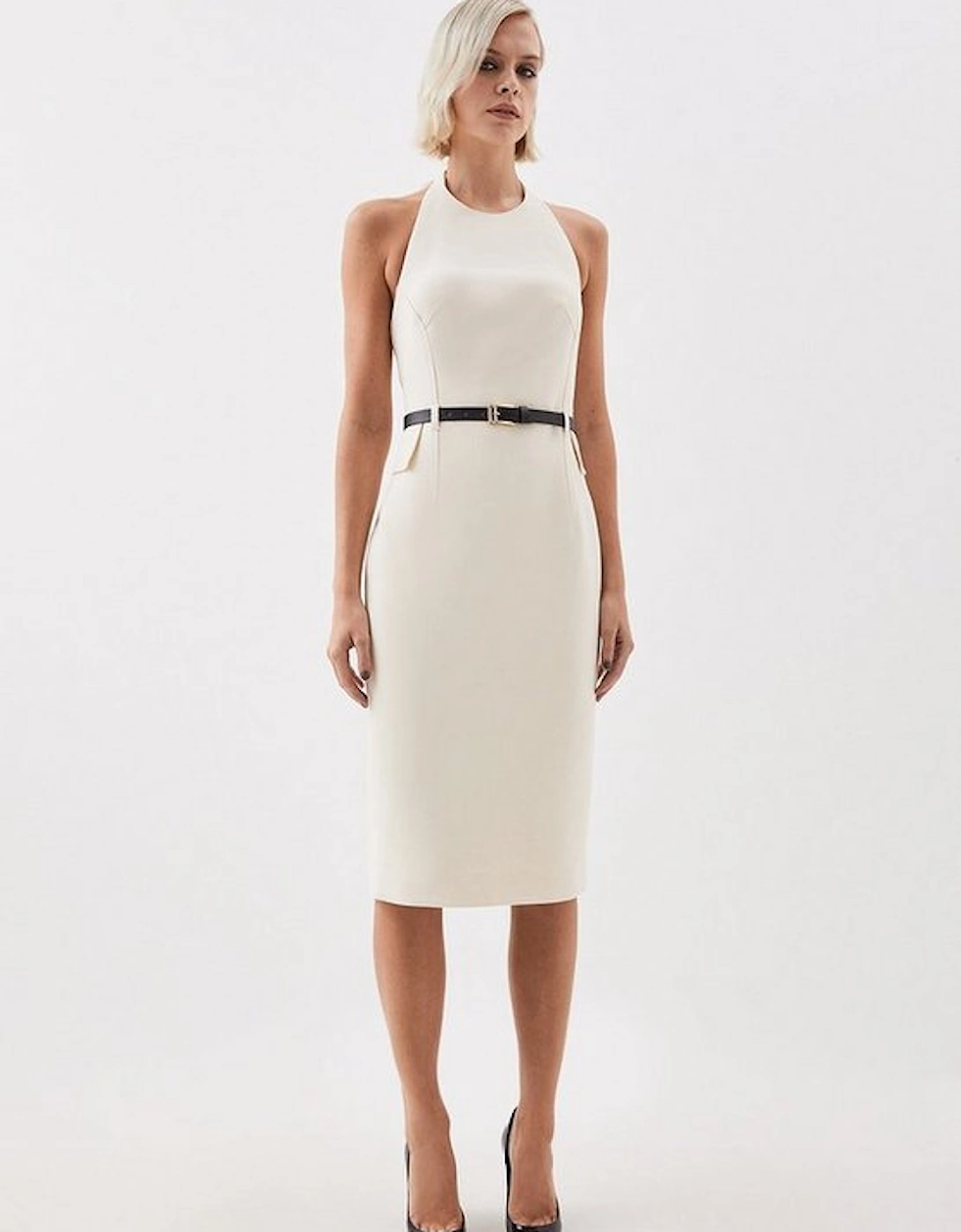 The Founder Compact Stretch Halter Neck Belted Midi Dress