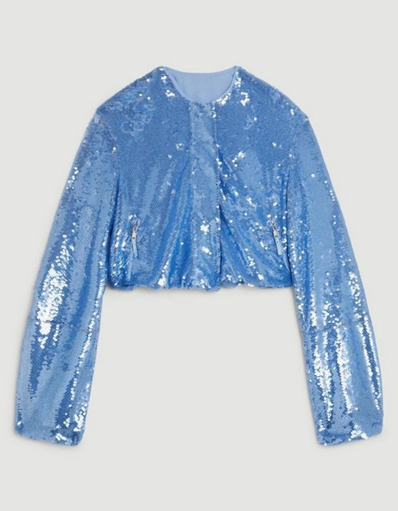 Blue Sequin Woven Bomber Jacket
