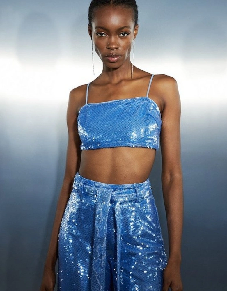 Blue Sequin Woven Strappy Top