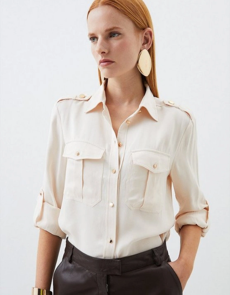 Satin Long Sleeve Pocket Detail Woven Shirt
