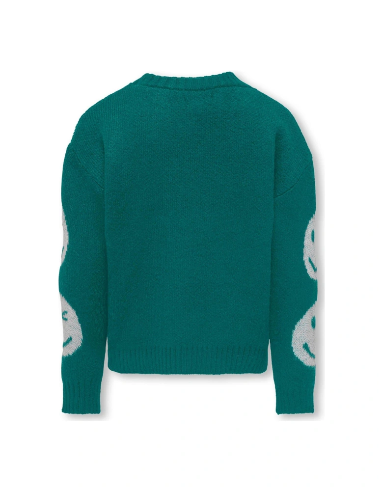 Girls Smiley Face Knitted Jumper - Bayberry - Green