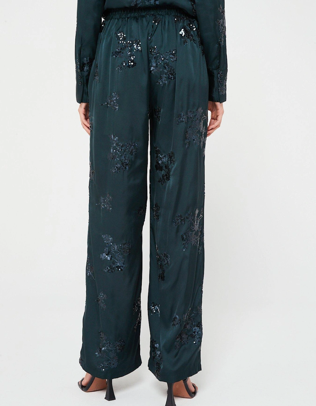Satin Sequin Co-ord Trousers - Dark Green 