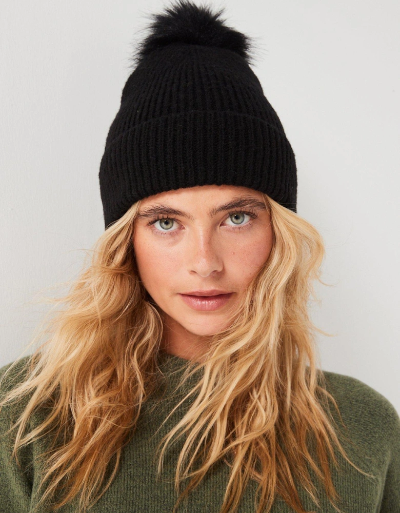 Rib Knit Beanie With Faux Fur Pom