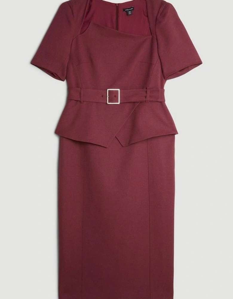 Structured Crepe Asymmetric Neck Belted Midi Pencil Dress