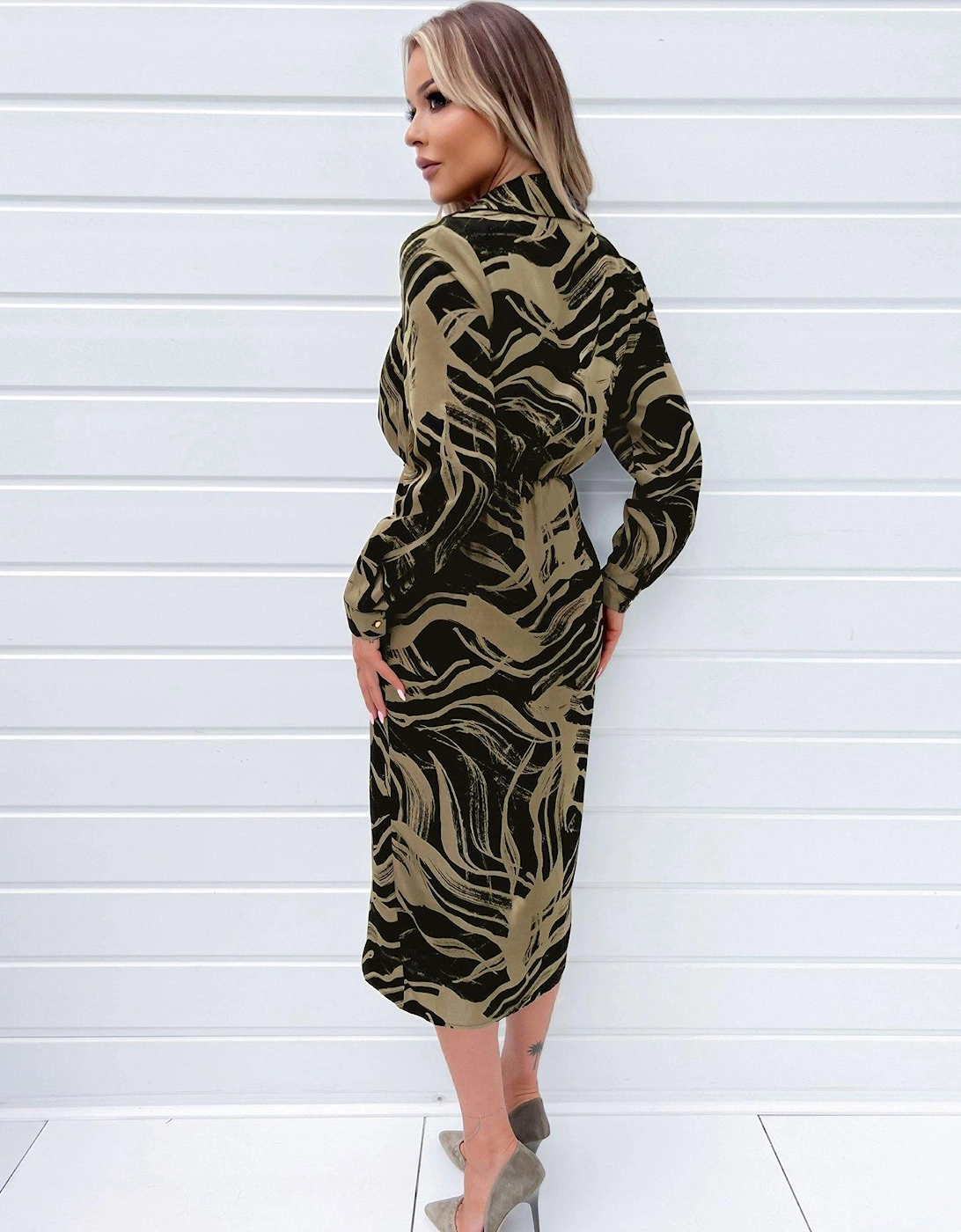Black And Khaki Print Wrap Collared Midi Dress
