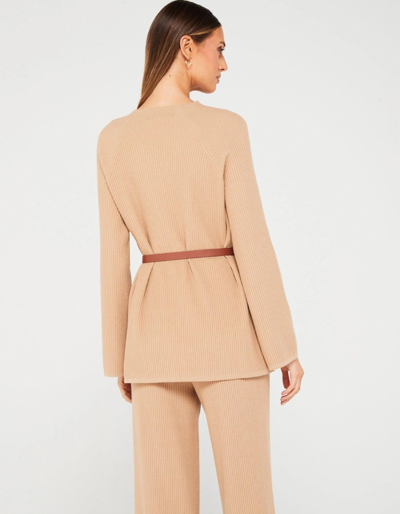 Long Sleeve Belted Knitted Rib Co-ord Top - Beige