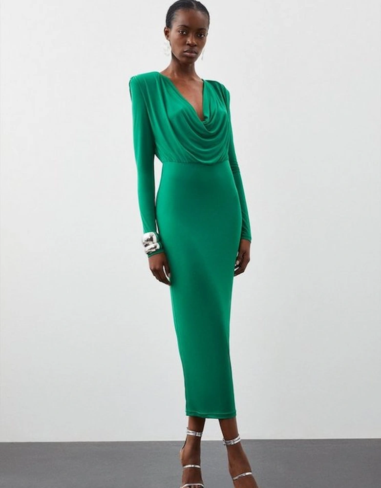 Jersey Crepe Midi Cowl Neck Dress