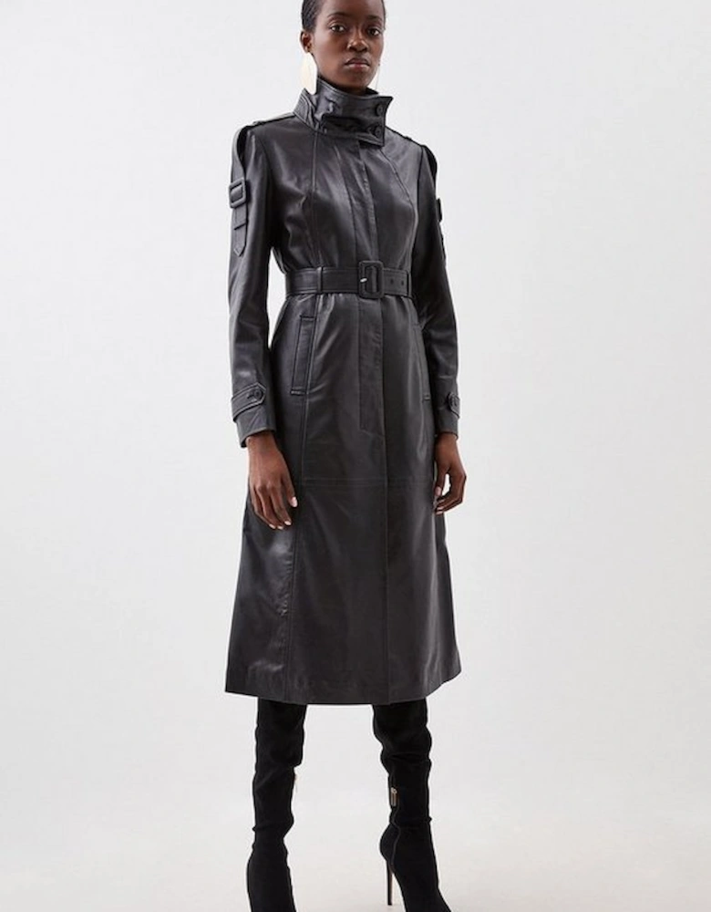 Leather High Neck Belted Midi Coat