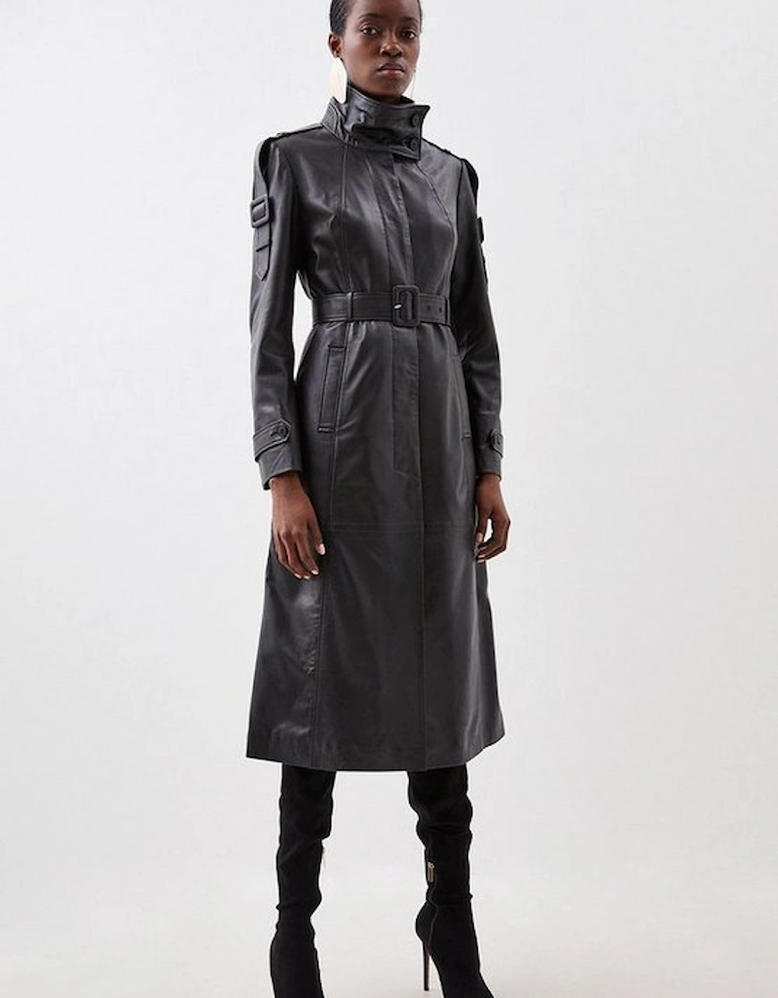 Leather High Neck Belted Midi Coat, 5 of 4