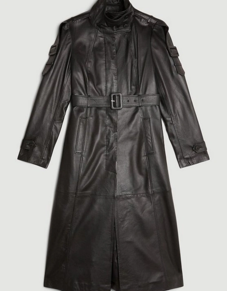Leather High Neck Belted Midi Coat