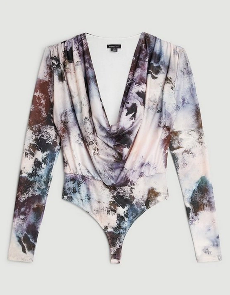 Abstract Print Jersey Cowl Bodysuit