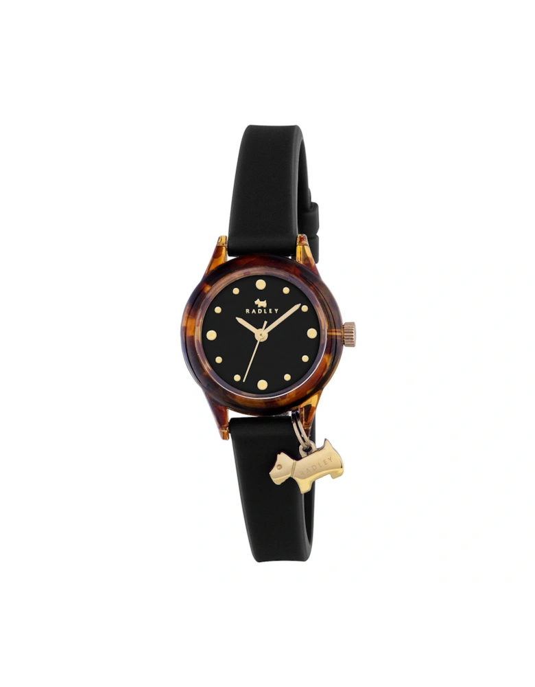 Watch It! Tortoise Dial With Dog Charm Black Silicone Strap Ladies Watch
