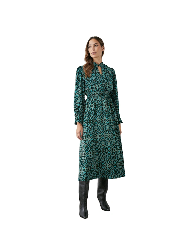 Womens/Ladies Damask Shirred Waist Midi Dress
