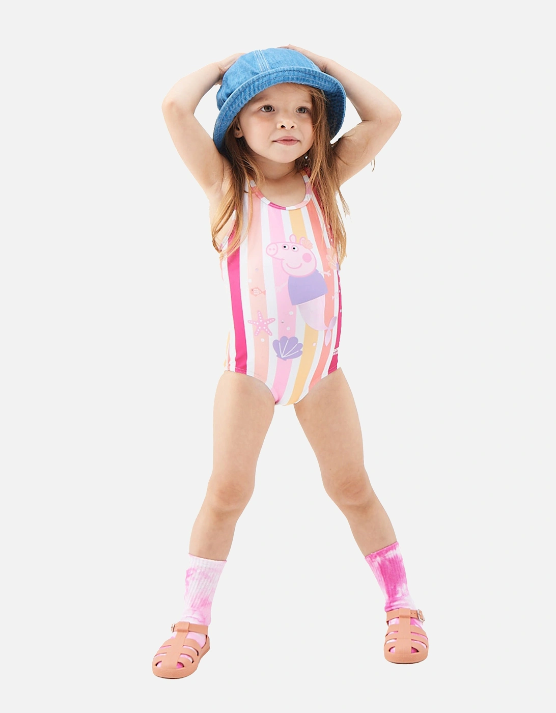 Girls Multi Striped Peppa Pig One Piece Swimsuit, 5 of 4