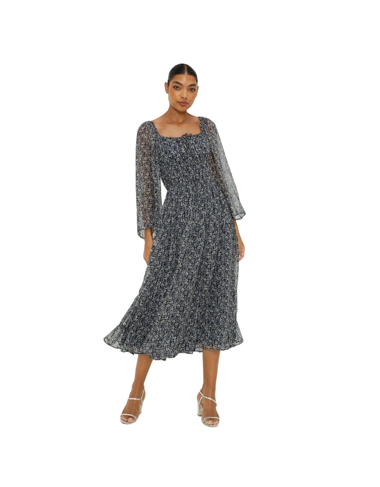 Womens/Ladies Ditsy Print Chiffon Square Neck Midi Dress