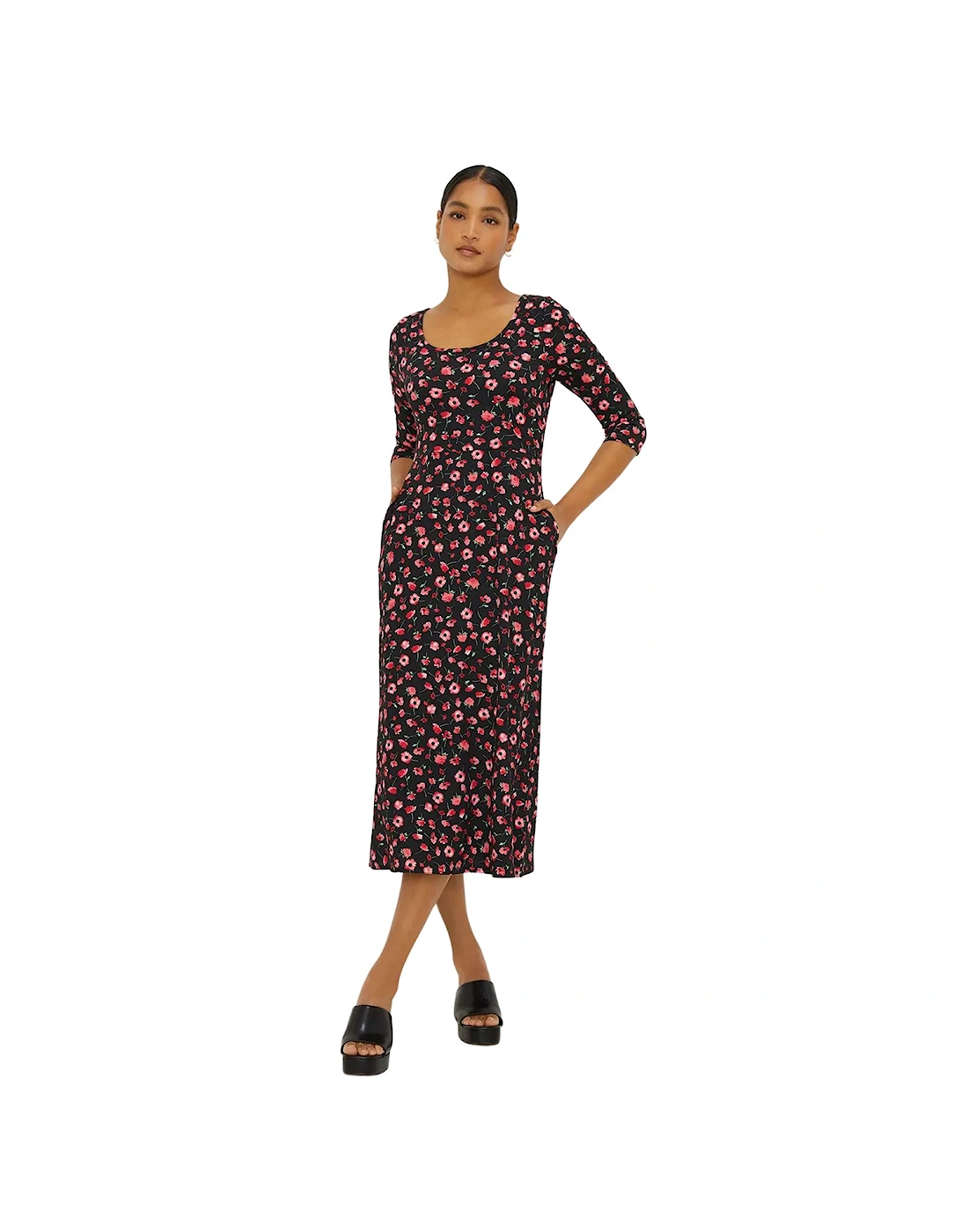 Womens/Ladies Ditsy Print 3/4 Sleeve Midi Dress, 4 of 3